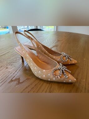 On 34th Polka Dot Slingback Heels with Crystal Bow Accent — Beige